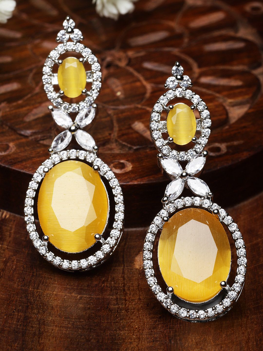 ZENEME Rhodium-Plated American Diamond studded Oval Shaped Drop Earrings