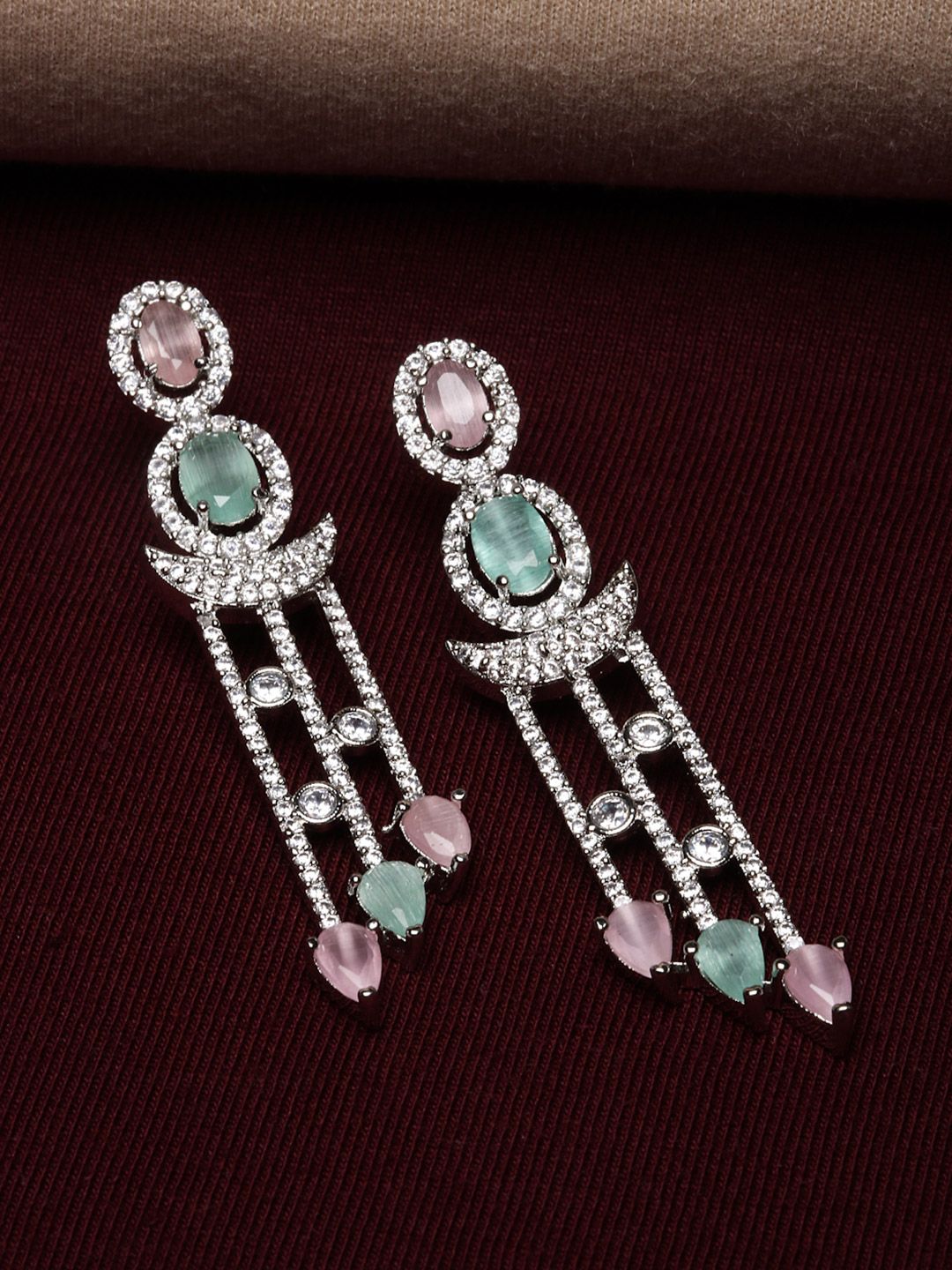 ZENEME Rhodium-Plated American Diamond Studded Crescent Shaped Drop Earrings