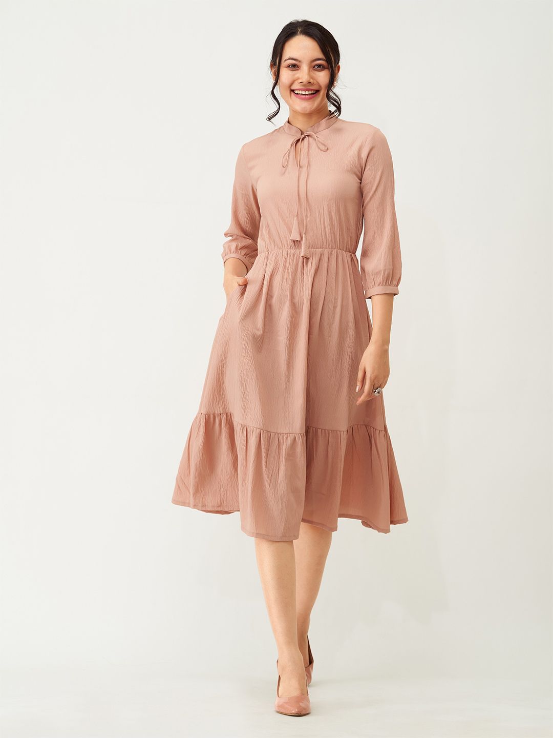 AASK Solid Cream Tie-Up Neck Crepe Fit & Flare Midi Dress