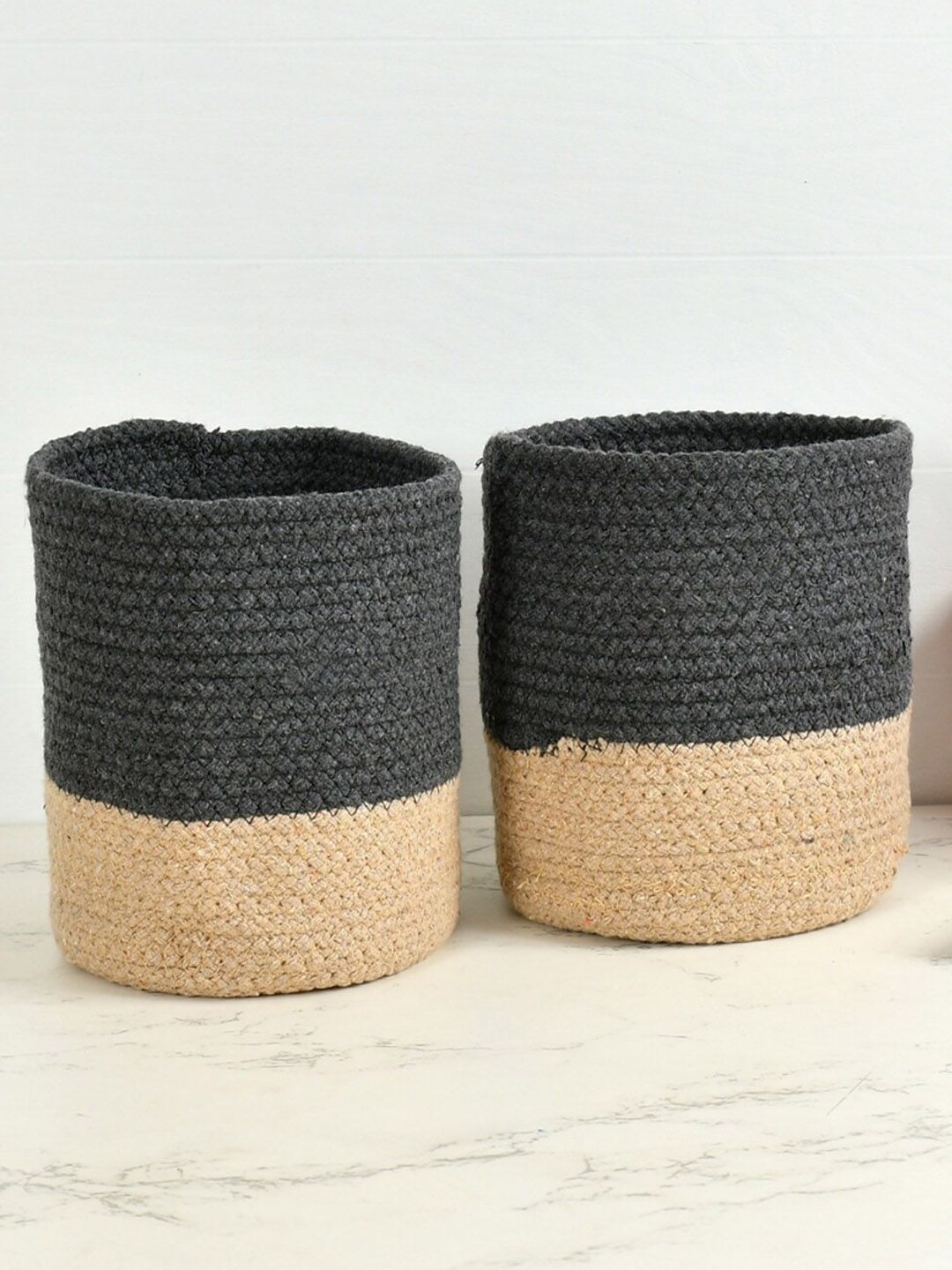 Homefab India Dark Grey & Brown 2 Pieces Braided Woven Cotton Planter Baskets