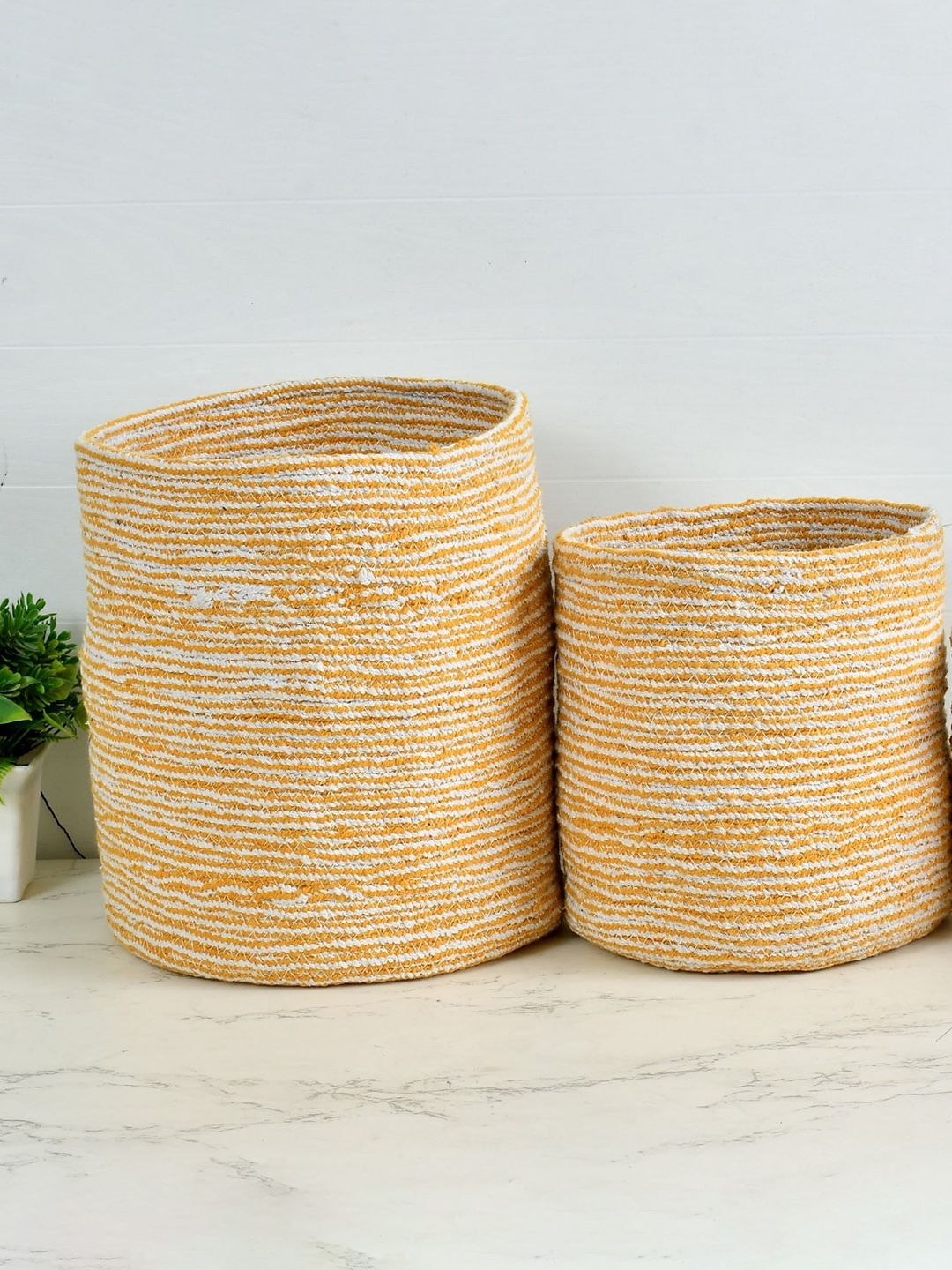 Homefab India Yellow & White 2 Pieces Braided Woven Cotton Planter Baskets
