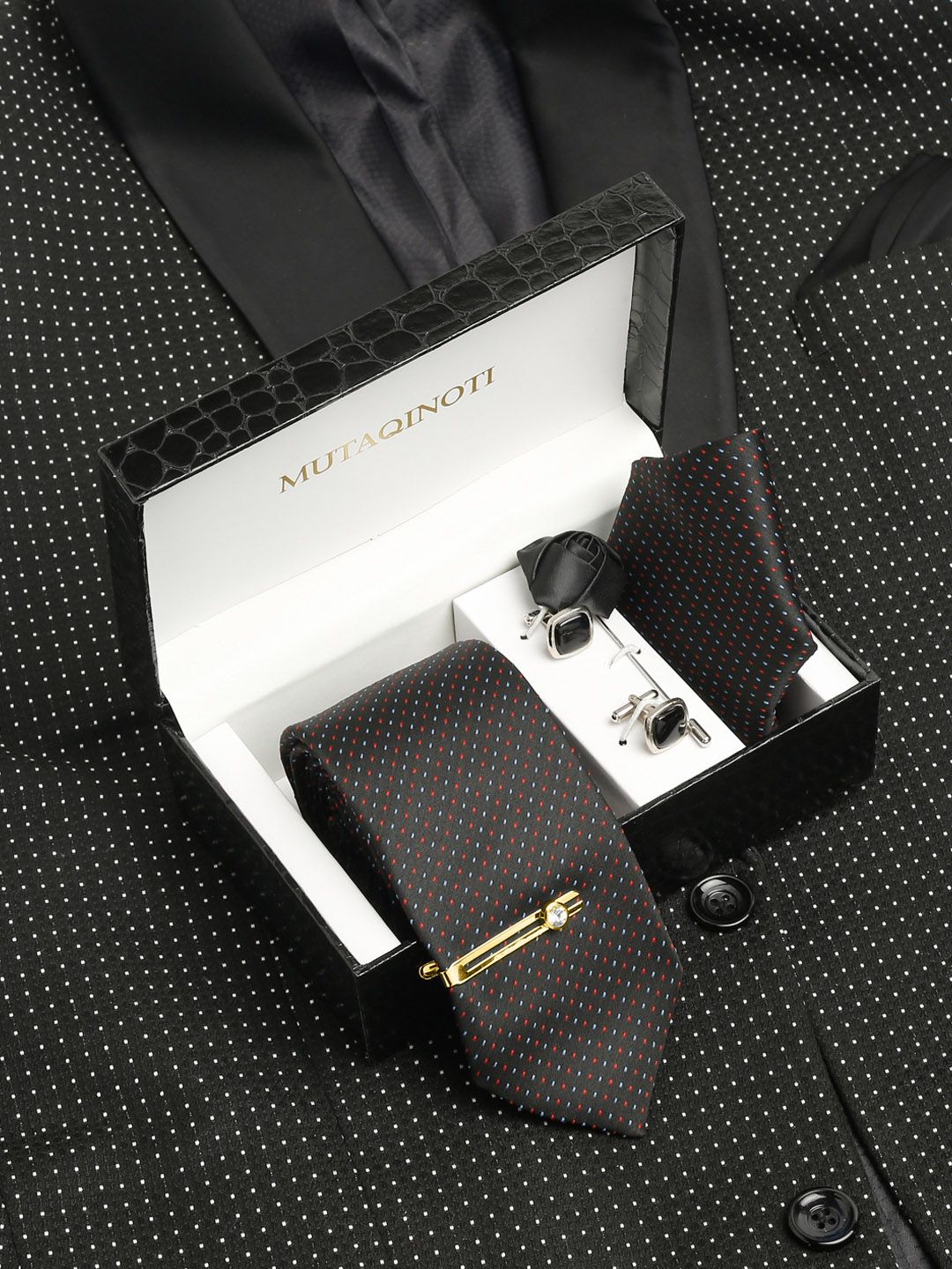 MUTAQINOTI Men Micro Geometric Textured Silk Necktie Accessory Gift Set
