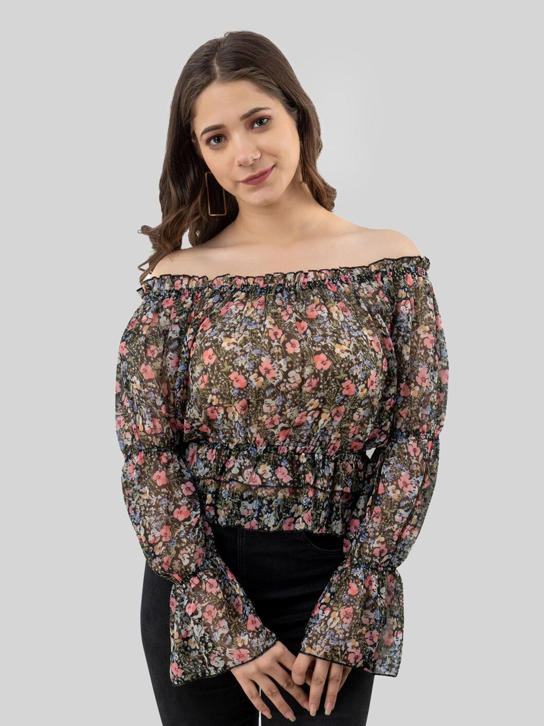 Fuchsia Floral Printed Off-Shoulder Bell Sleeve Chiffon Bardot Crop Top