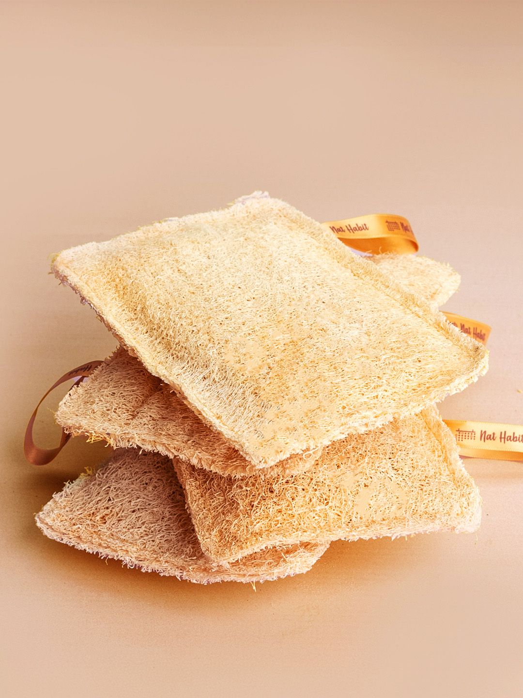 Nat Habit 4Pcs Natural Sun-Dried Loofah Body Sponge & Scrubber for Exfoliation - Beige