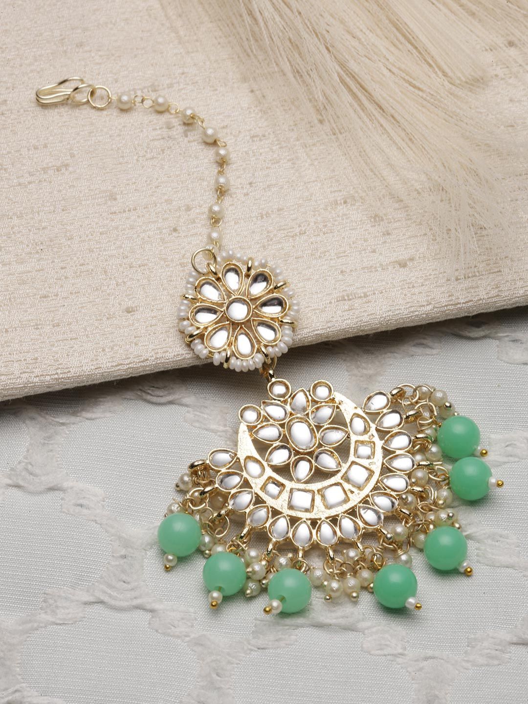 ZENEME Gold-Plated Kundan-Studded & Beaded Maang Tikka