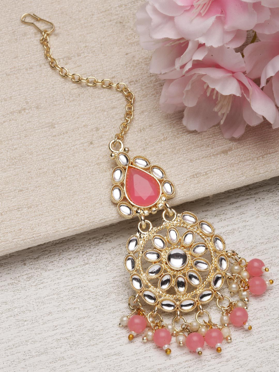ZENEME Gold-Plated Kundan-Studded & Beaded Maang Tikka