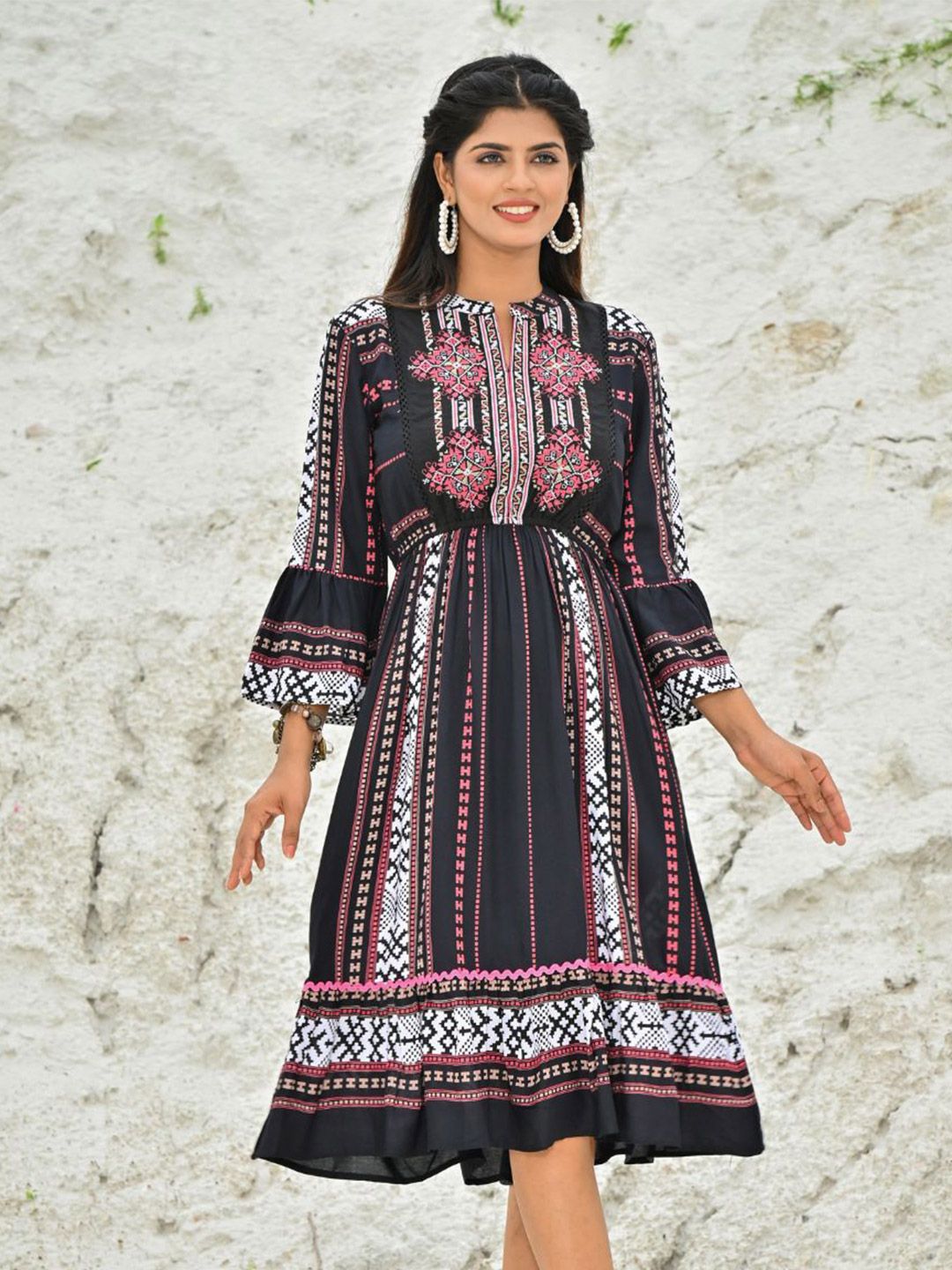 Zolo Label Ethnic Motifs Printed Mandarin Collar Bell Sleeve Fit & Flare Dress