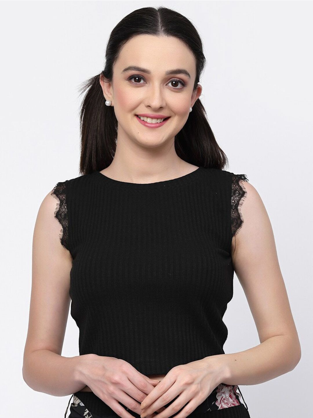LELA Striped Round Neck Fitted Crop Top