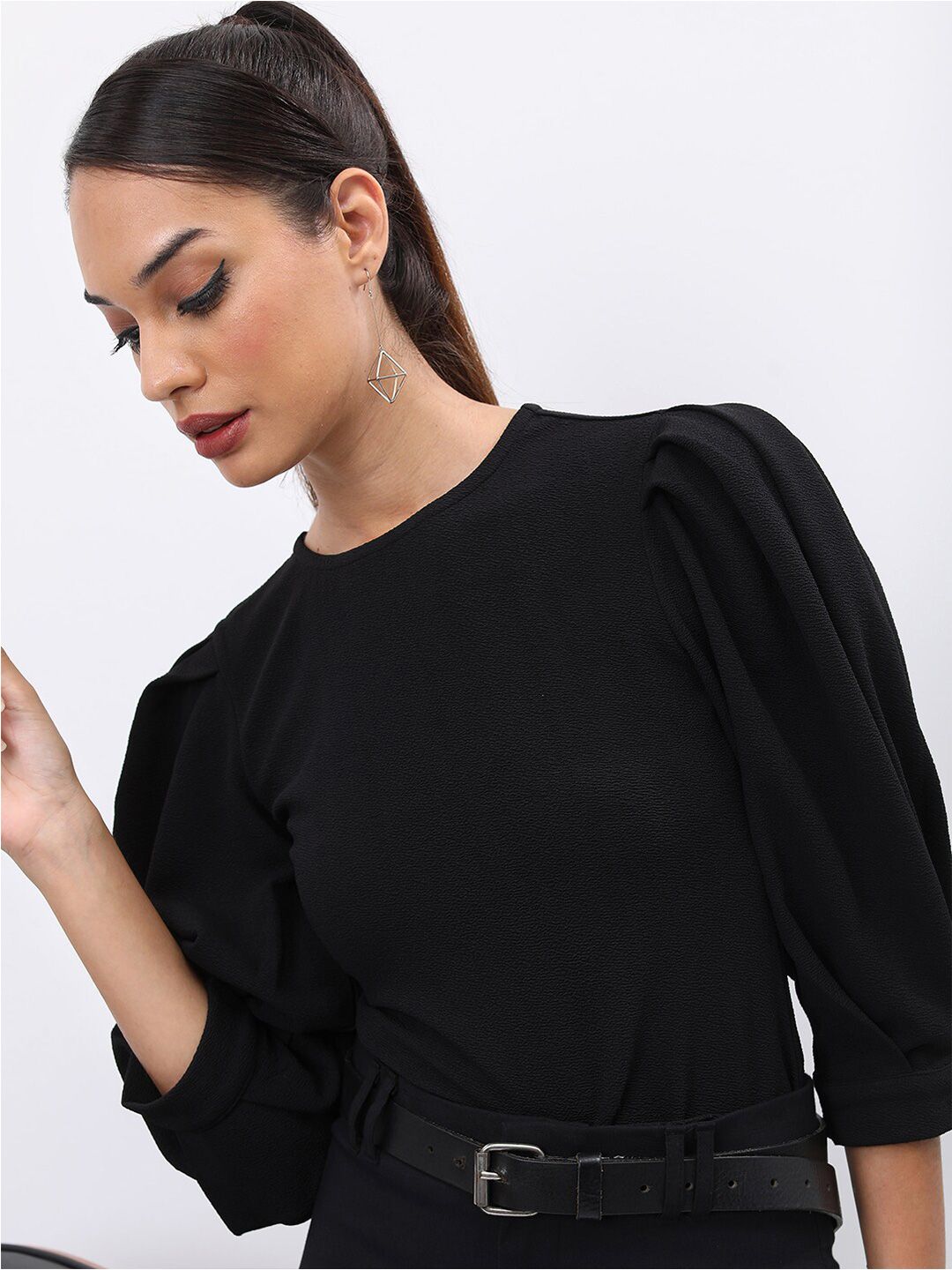 Basics By Tokyo Talkies Black Round Neck Puff Sleeve Regular Top