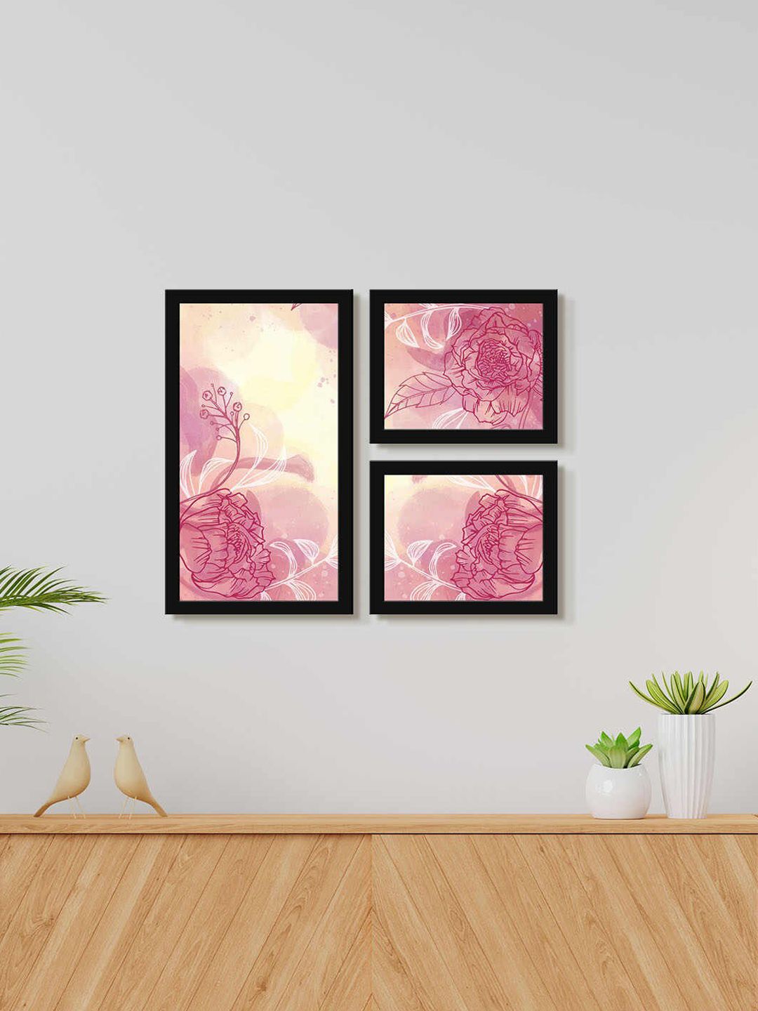 999Store Pink & White 3 Pieces Floral & Botanical Water Color Painting Wall Art