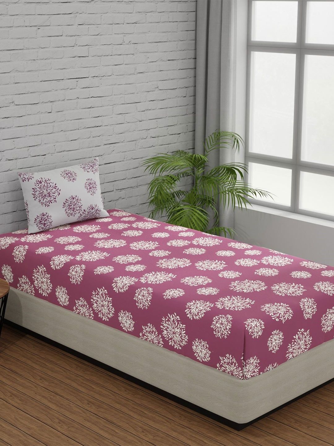 Huesland Comfort Mauve & White Printed 144 TC Cotton Single Bedsheet & 1 Pillow Cover
