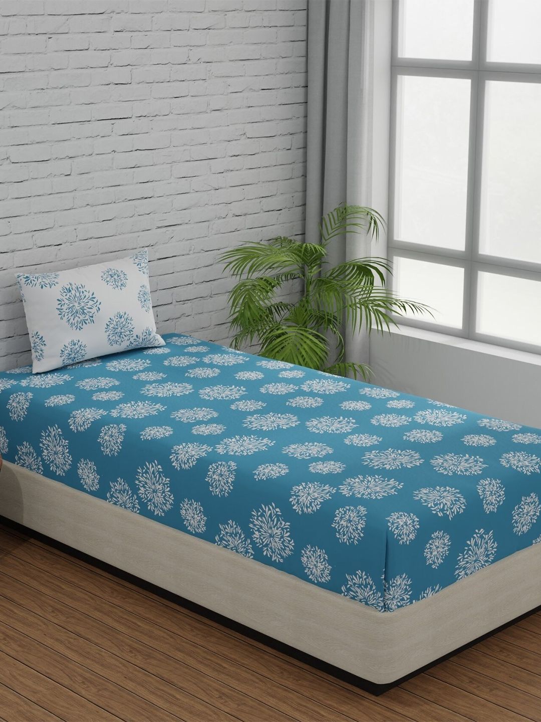 Huesland Comfort Blue Floral Cotton 144 TC Single Bedsheet with a Pillow Cover-90 x 55 inches
