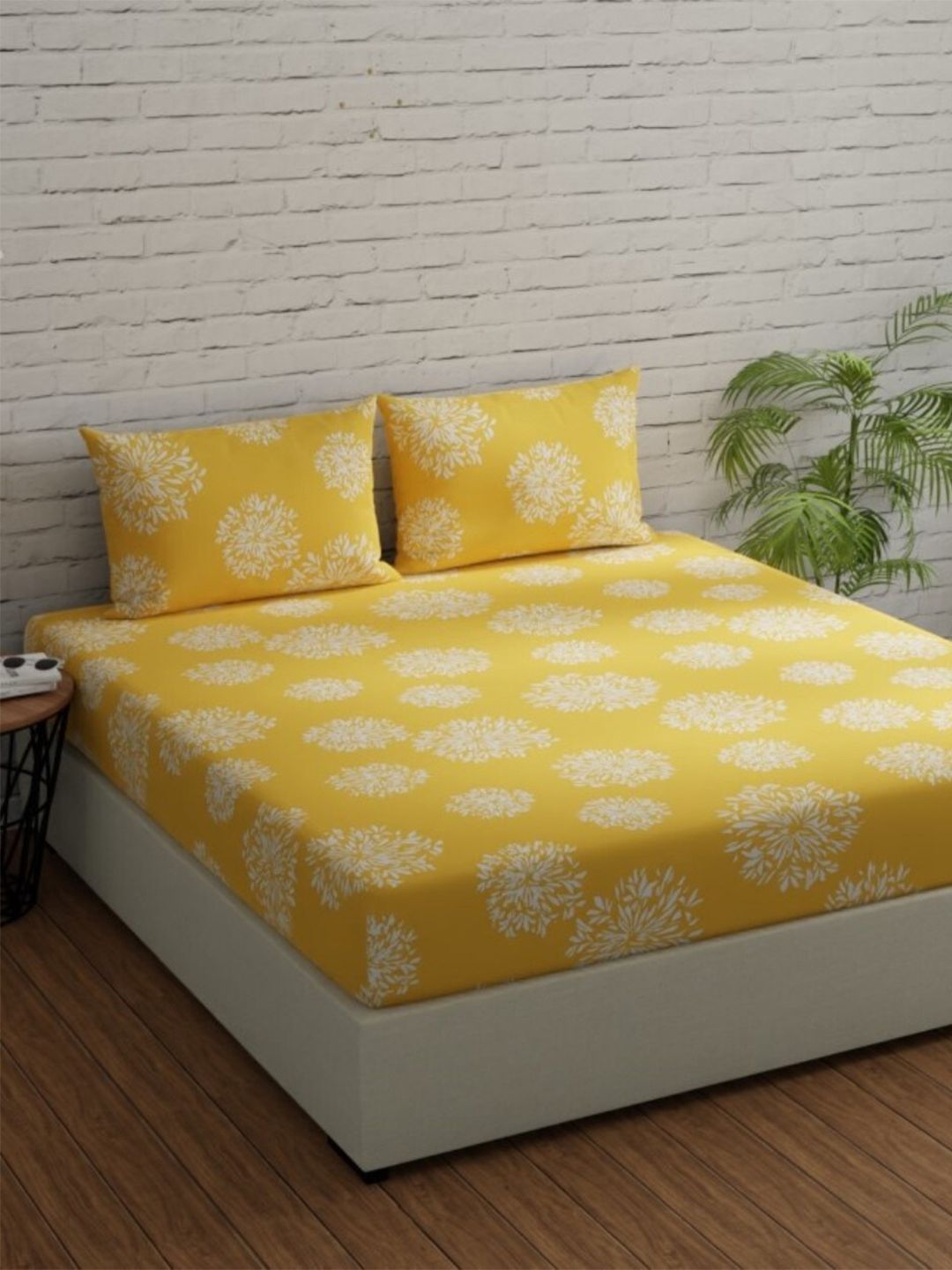 Huesland Yellow Floral Cotton 144 TC Queen Bedsheet with 2 Pillow Covers-87 x 93 inches
