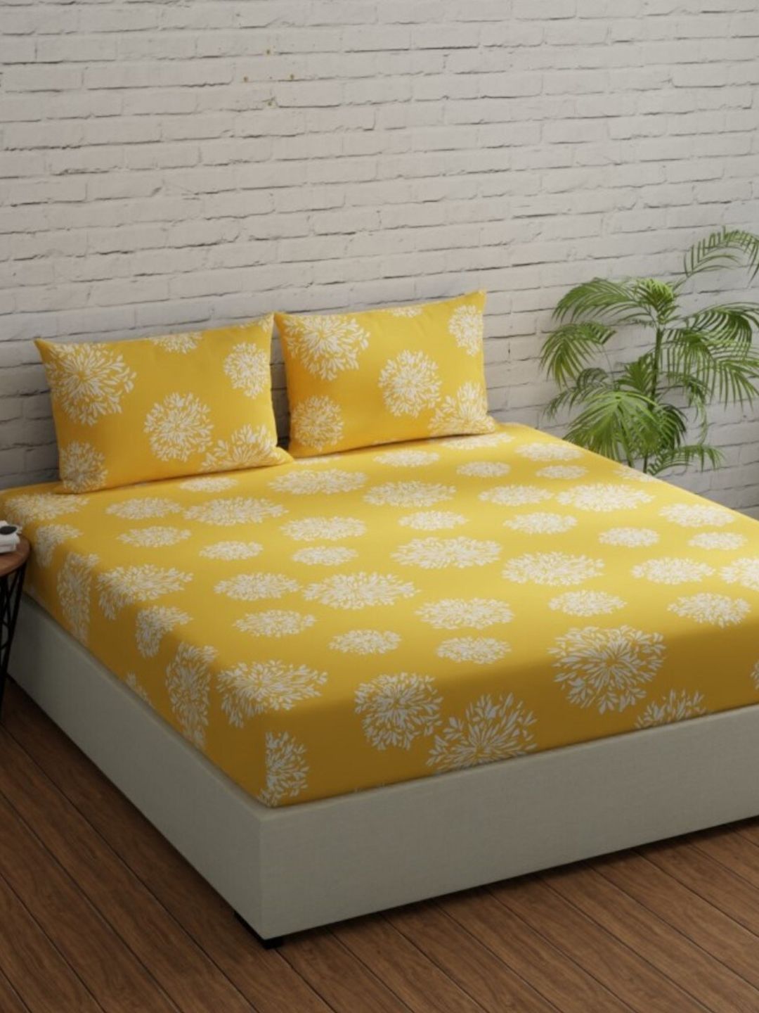 Huesland Comfort Yellow Floral Cotton 144 TC Super King Bedsheet with 2 Pillow Covers-108 x 108 inches