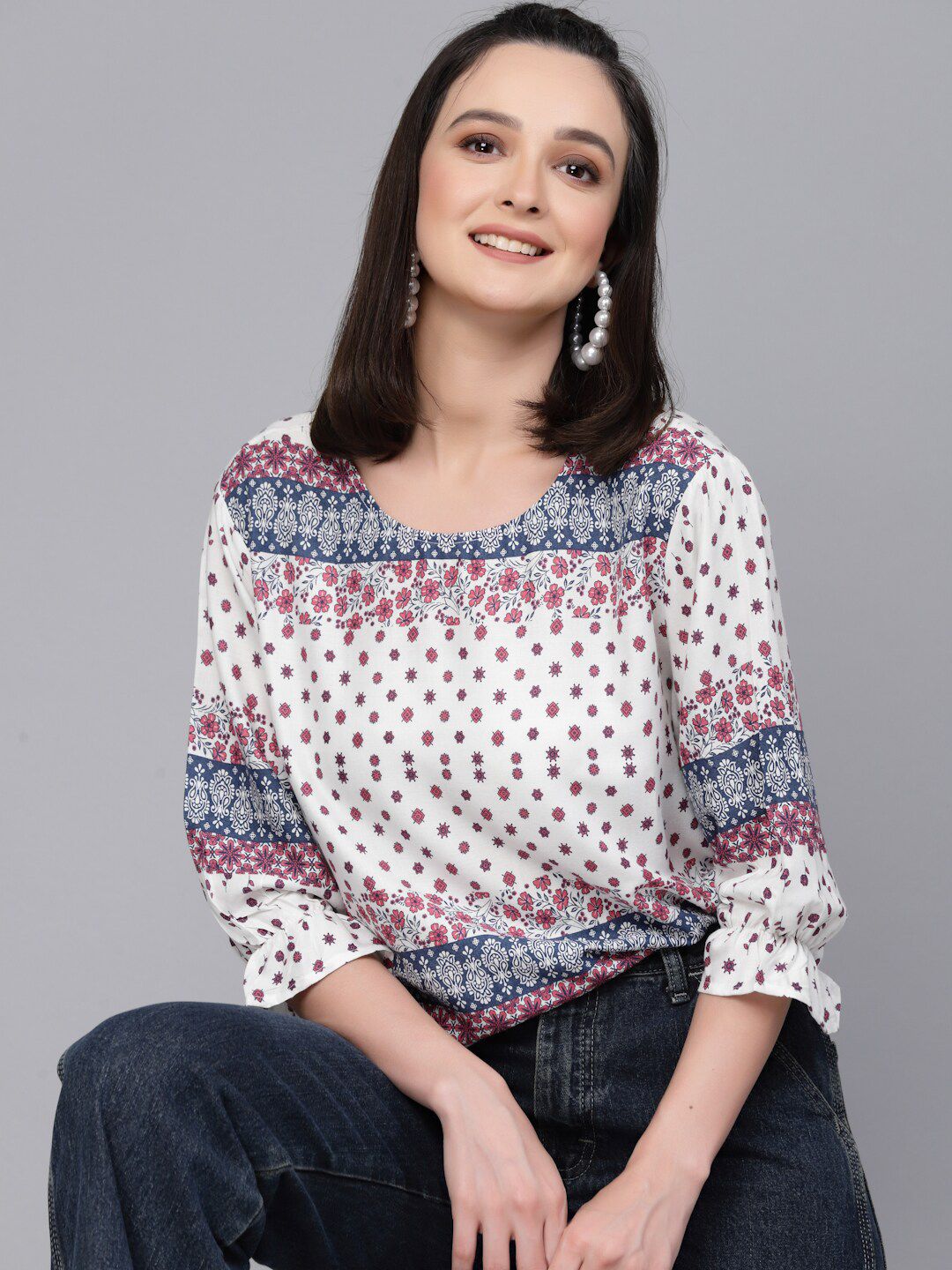 Style Quotient White & Pink Floral Printed Puff Sleeve Top