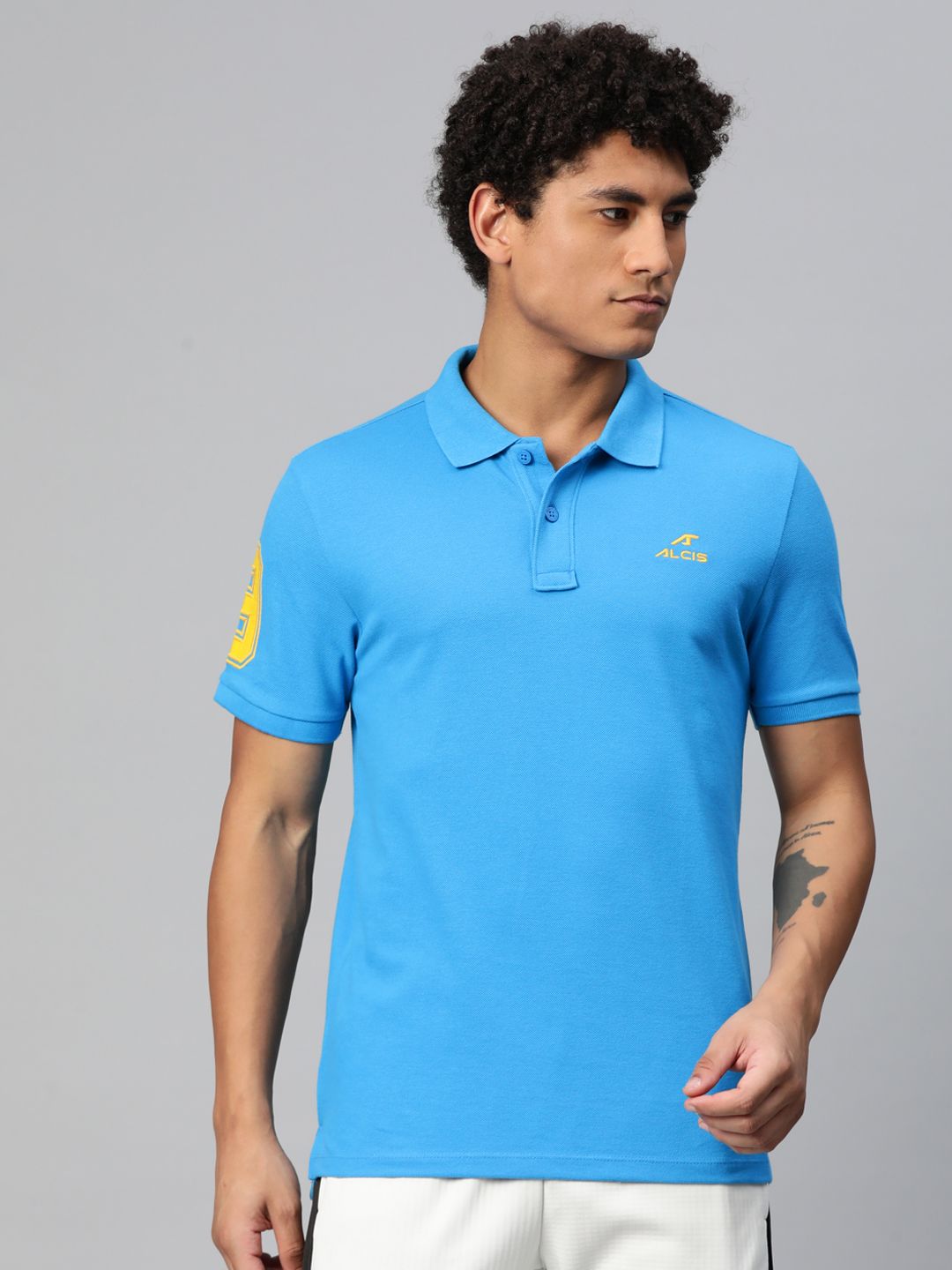 Alcis Men Dry Tech Blue Tshirts Typography Printed Polo Collar Slim Fit T-shirt