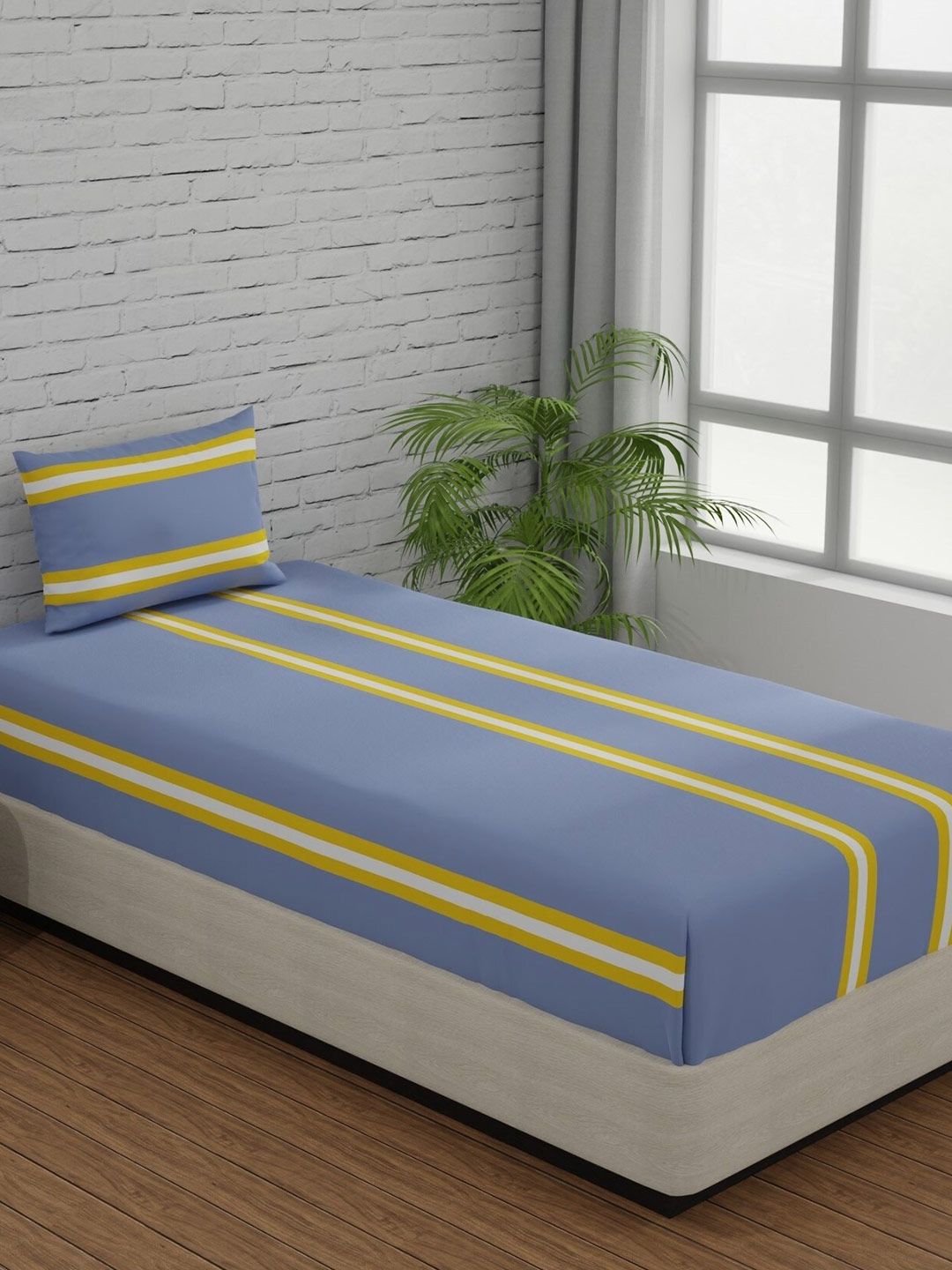 Huesland Comfort Blue Striped Cotton 144 TC Single Bedsheet with a Pillow Cover-90 x 55 inches