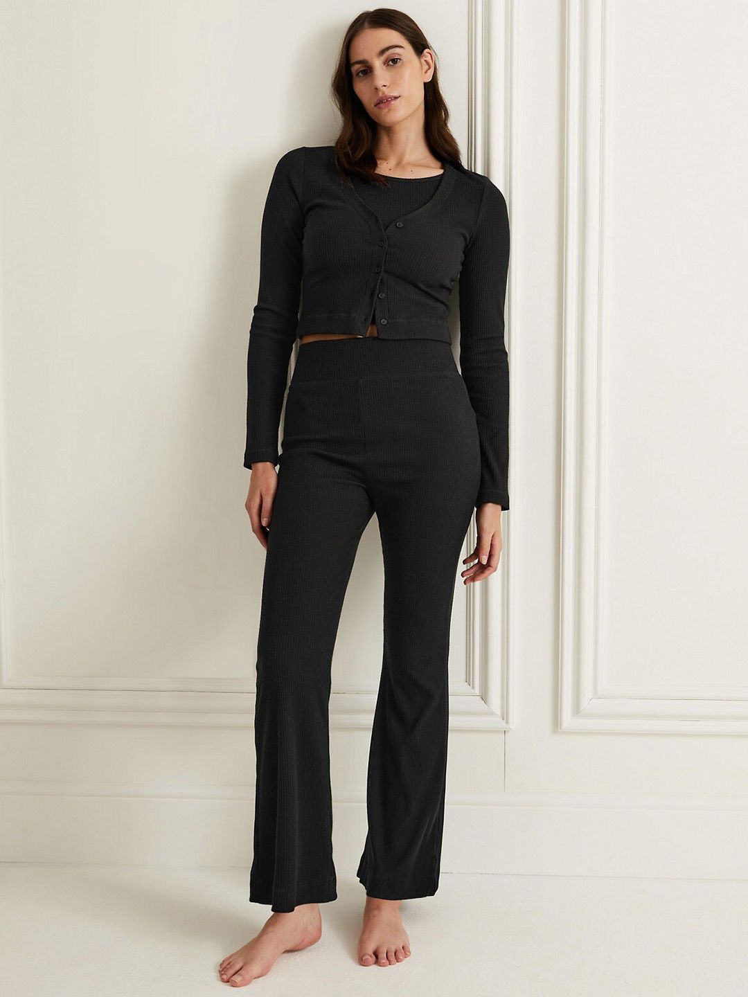 Buy Marks & Spencer Women High Rise Flared Ribbed Lounge Pants -  - Apparel for Women