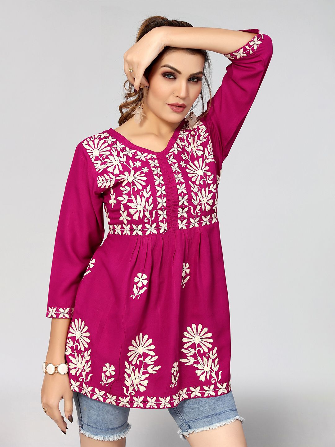 Winza Designer Floral Embroidered Round Neck Empire Top