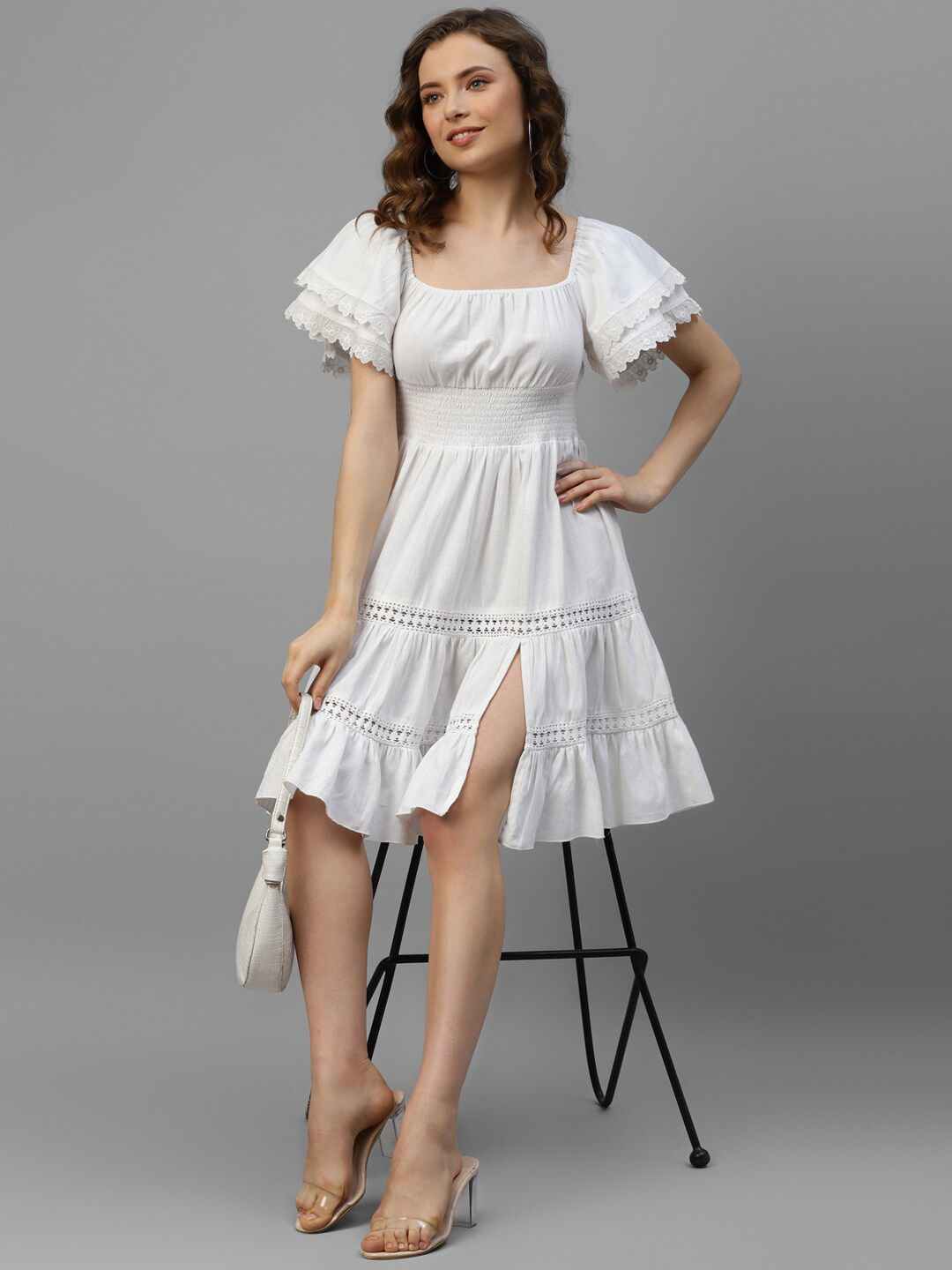 Vibes by Vibes by Deebaco   Square Neck Puff Sleeve Smocked Cotton A-Line Dress