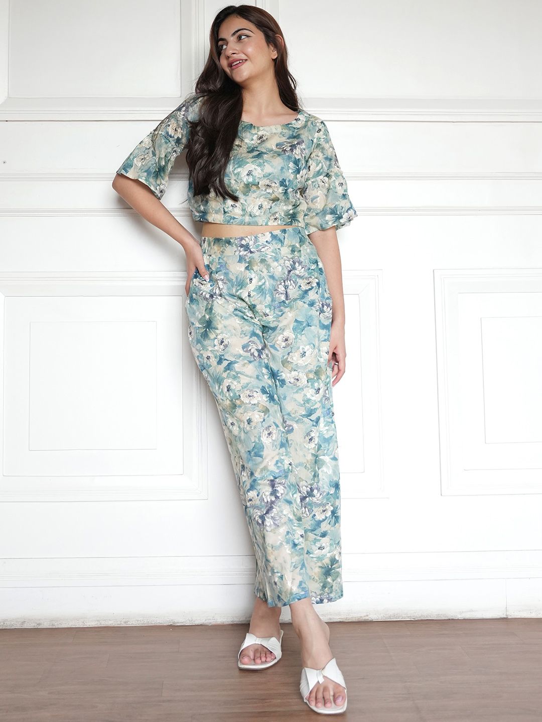 Buy Libas Beige & Blue Floral Print Pure Cotton Ethnic Co Ords -  - Apparel for Women