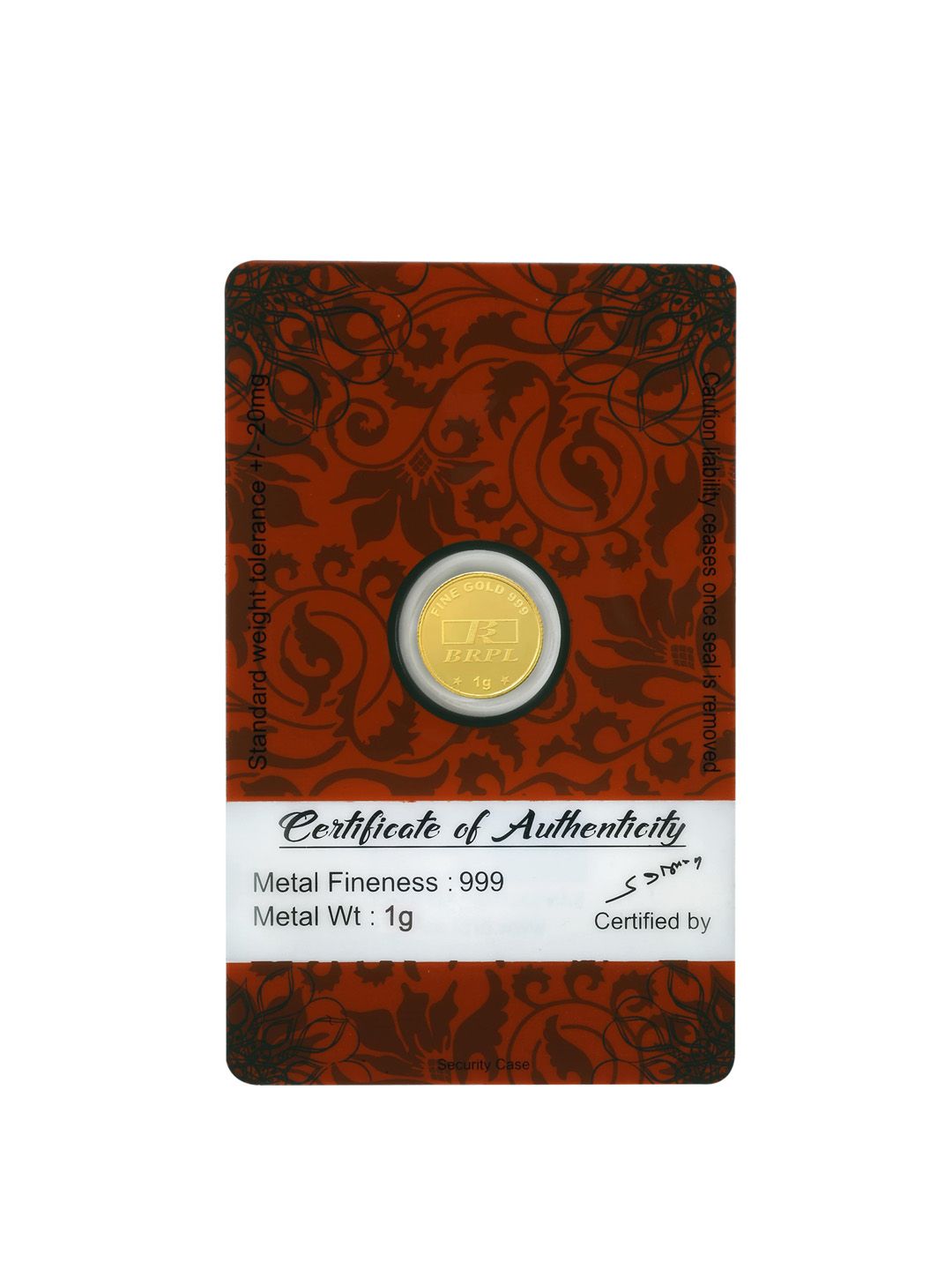 BANGALORE REFINERY 24KT 999 Purity Gold Coin- 1 g
