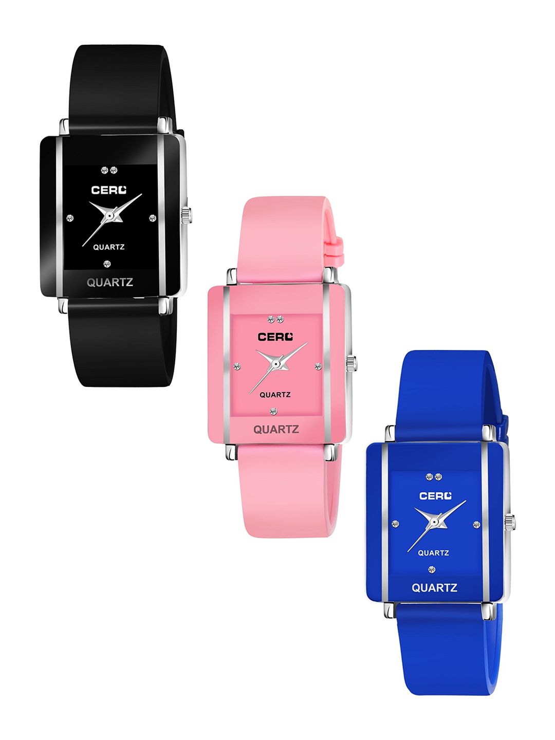 CERO Set Of 3 Regular Straps Analogue Watch Com3-Black-Pink-Bluenew