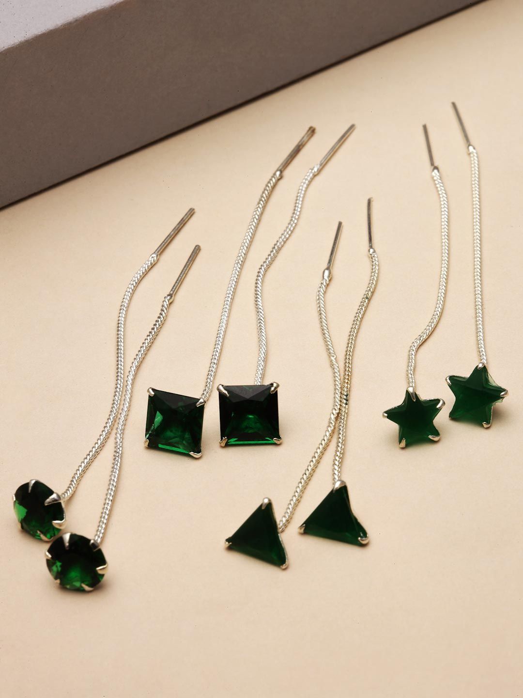 ZENEME Pair of 4 Rhodium-Plated Geometrical Green Ad studded threader Earrings