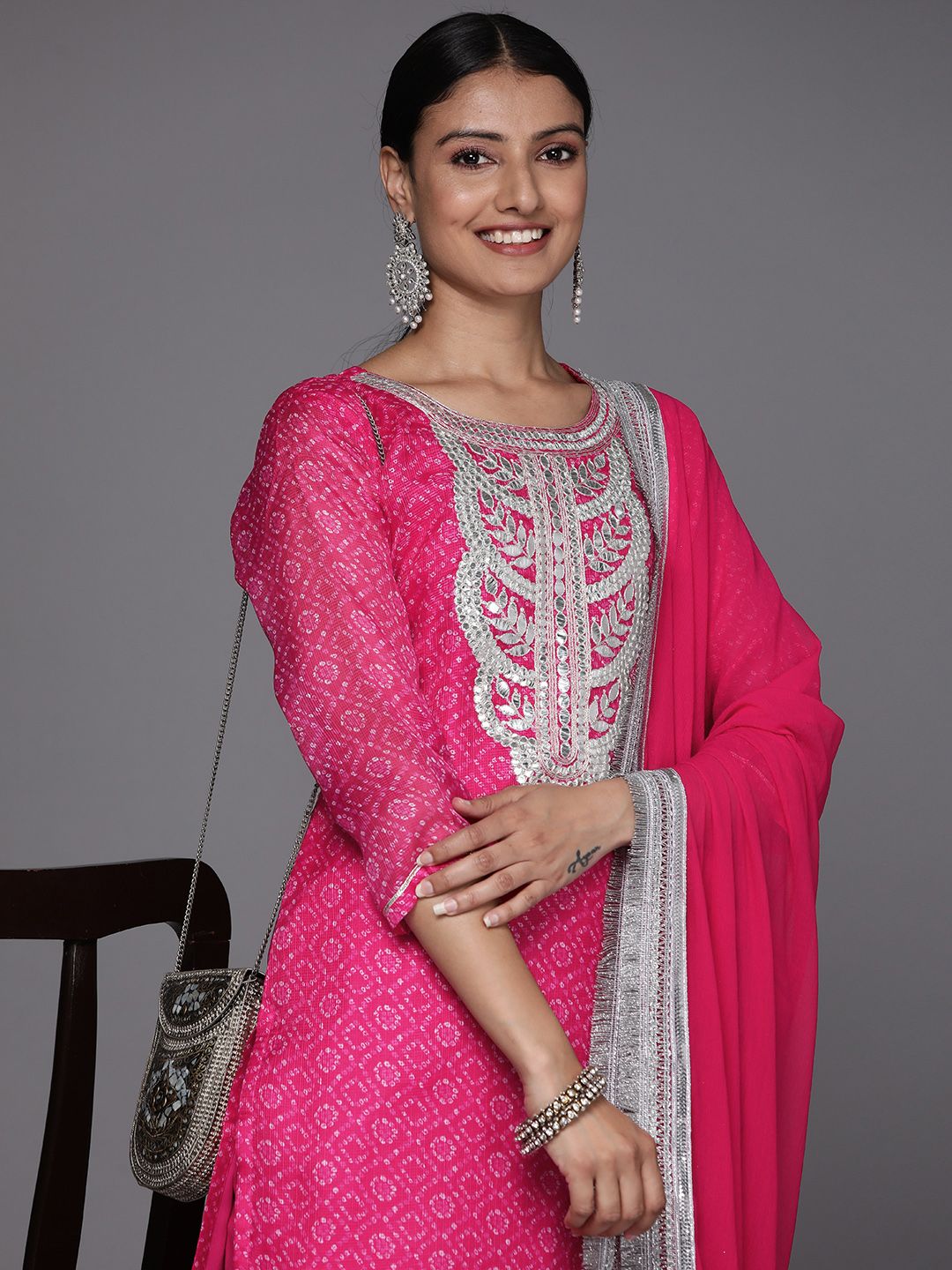 Varanga Women Floral Yoke Design Bandhani Kurta with Trousers & Dupatta