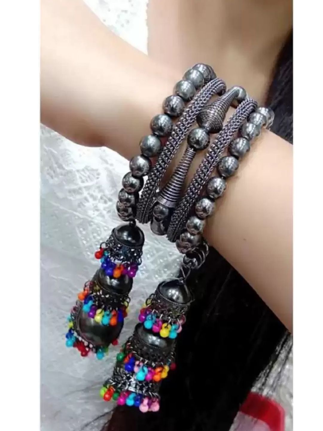Samridhi DC Silver Plated & Beads-Studded Oxidised Bangles
