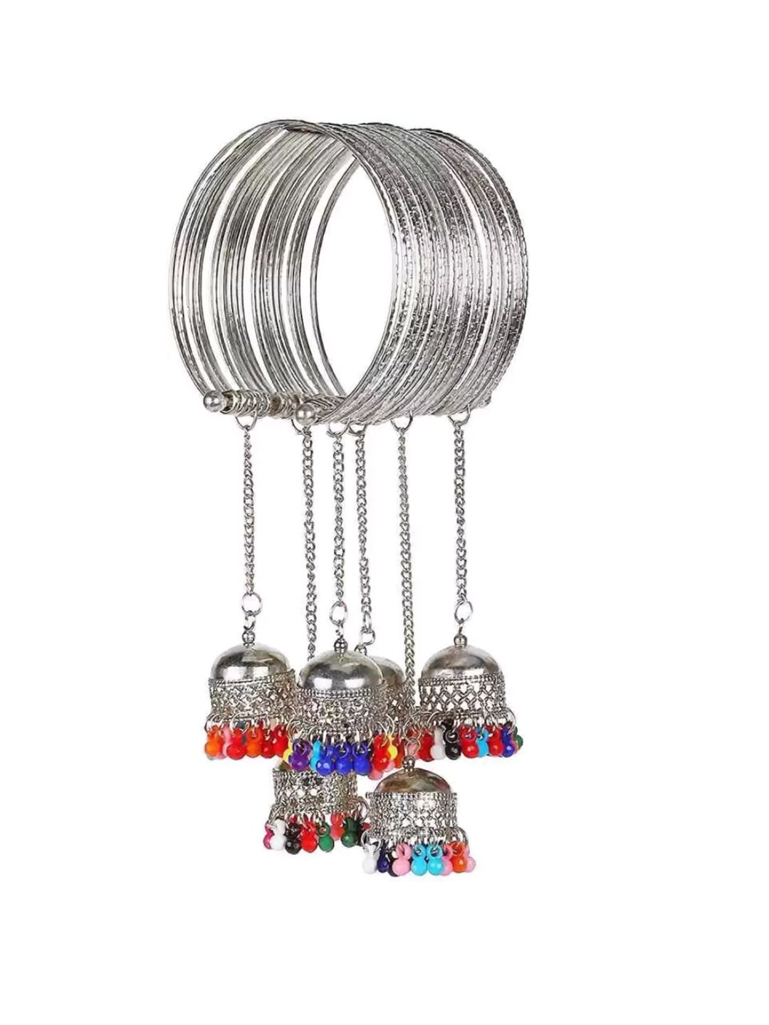 Samridhi DC Silver-Plated Stone Studded & Beaded Oxidized Bangle