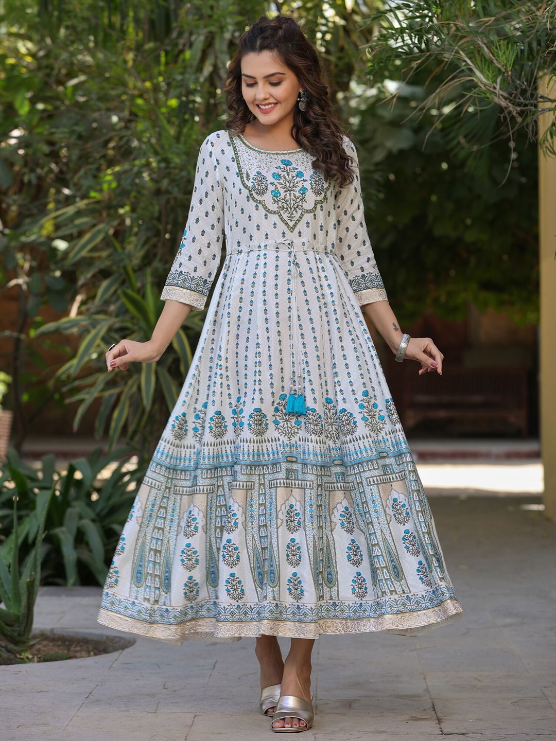 Buy Juniper Off White & Blue Printed Fit & Flared Anarkali Maxi Ethnic Dress -  - Apparel for Women
