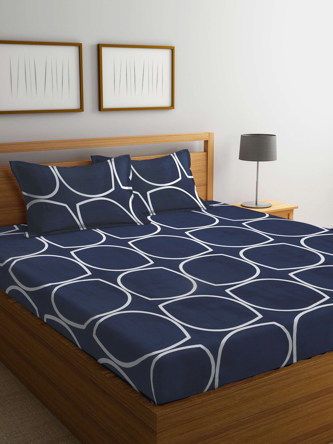 KLOTTHE Blue Geometric Flat 300 TC King Fine Bedsheet with 2 Pillow Covers-250X225 cm