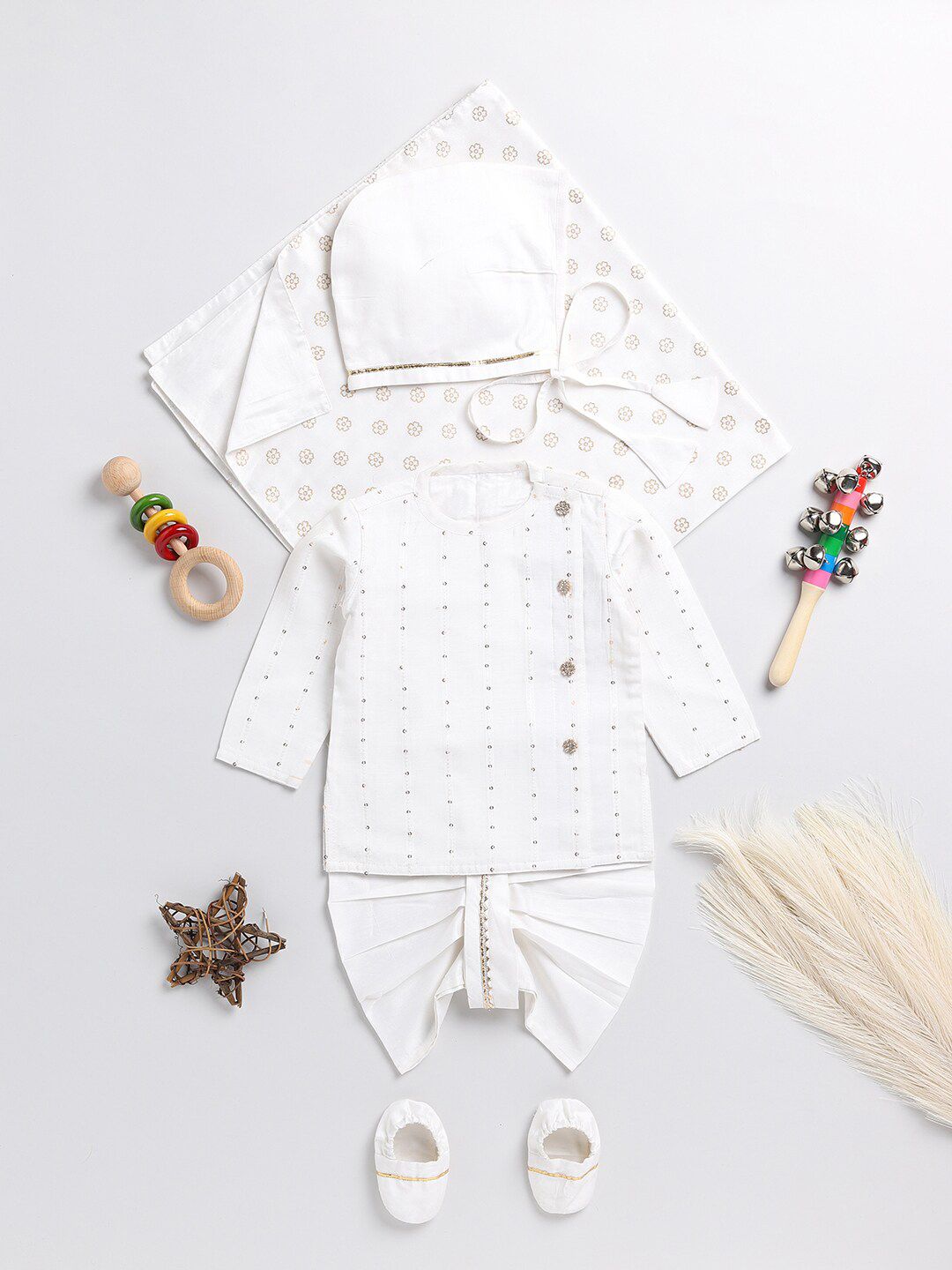 VASTRAMAY Infant Boys Chanderi Cotton Kurta with Dhoti Pants, Cap & Shoes