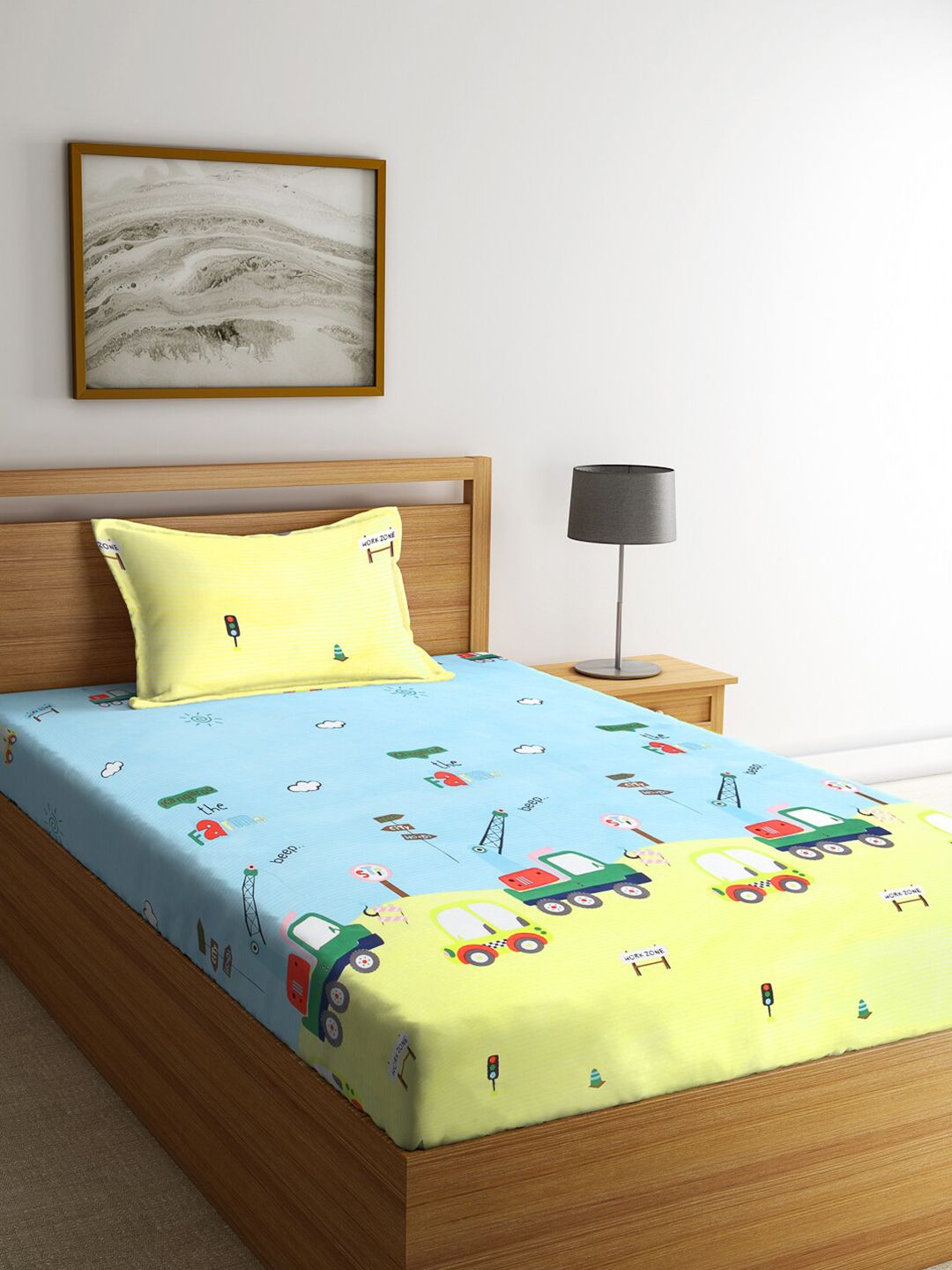 Buy FABINALIV Blue Cartoon Print Polycotton 300 TC Single Bedsheet With A Pillow Cover -  - Home for Unisex Kids