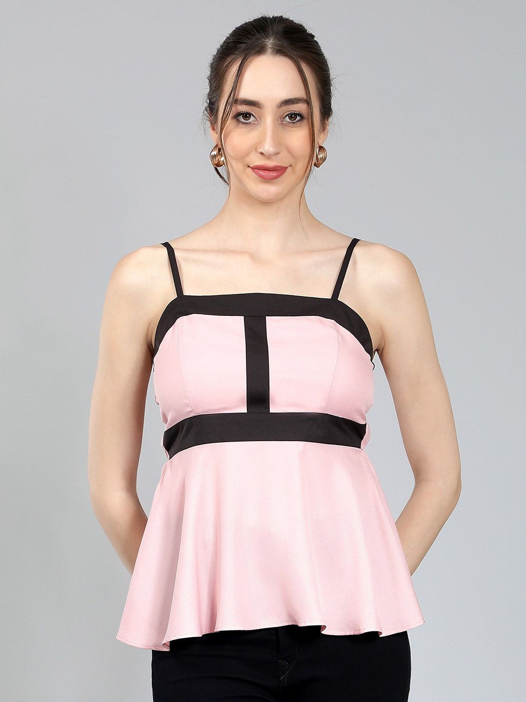 NUEVOSDAMAS Solid Pink Shoulder Straps Peplum Georgette Sleeveless Top