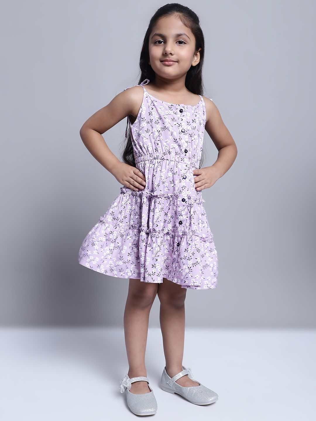 Superminis Girls Lavender Floral Printed Rayon Sleeveless Fit & Flare Dress