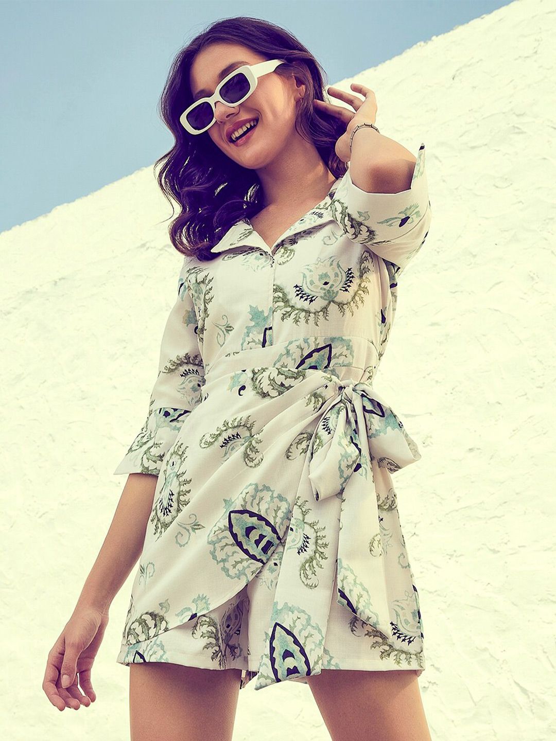 Athena Green & White Linen Printed Playsuit