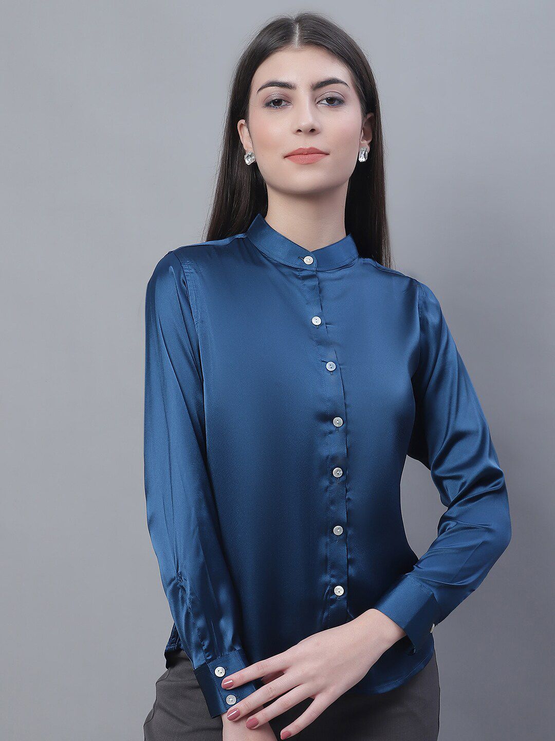 JAINISH Band Collar Cuffed Sleeves Satin Shirt Style Top
