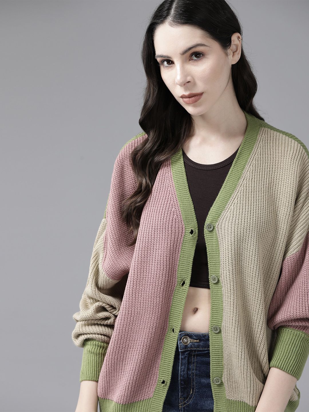 The Roadster Lifestyle Co. Colourblocked V-Neck Cardigan