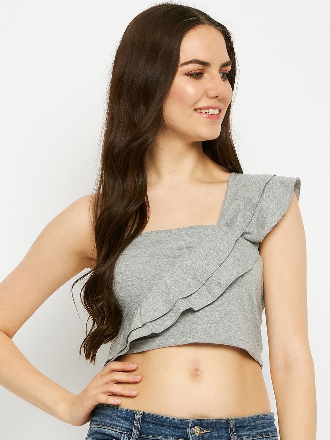 BRINNS One Shoulder Cap Sleeves Ruffles Pure Cotton Crop Top