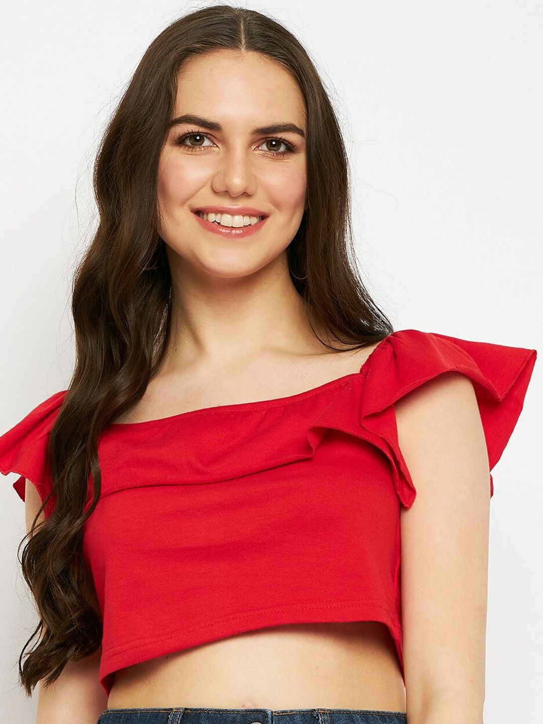 BRINNS Square Neck Cap Sleeve Ruffles Pure Cotton Crop Top