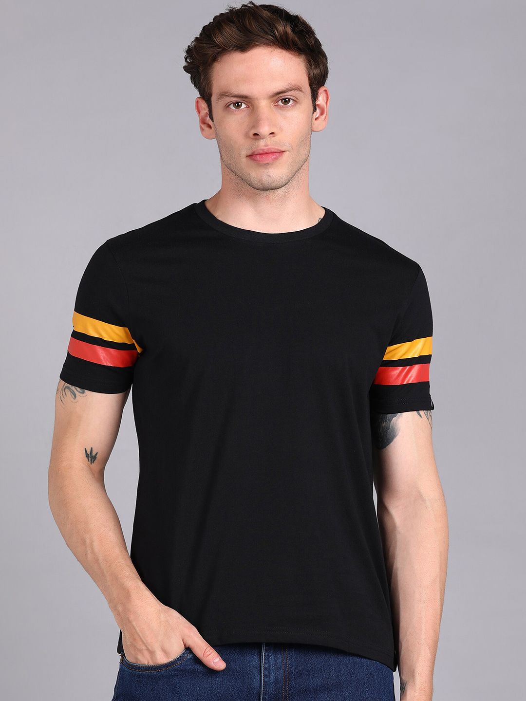 Urbano Fashion Men Orange Color Block Half Sleeve Striped Pure Cotton Slim Fit T-shirt