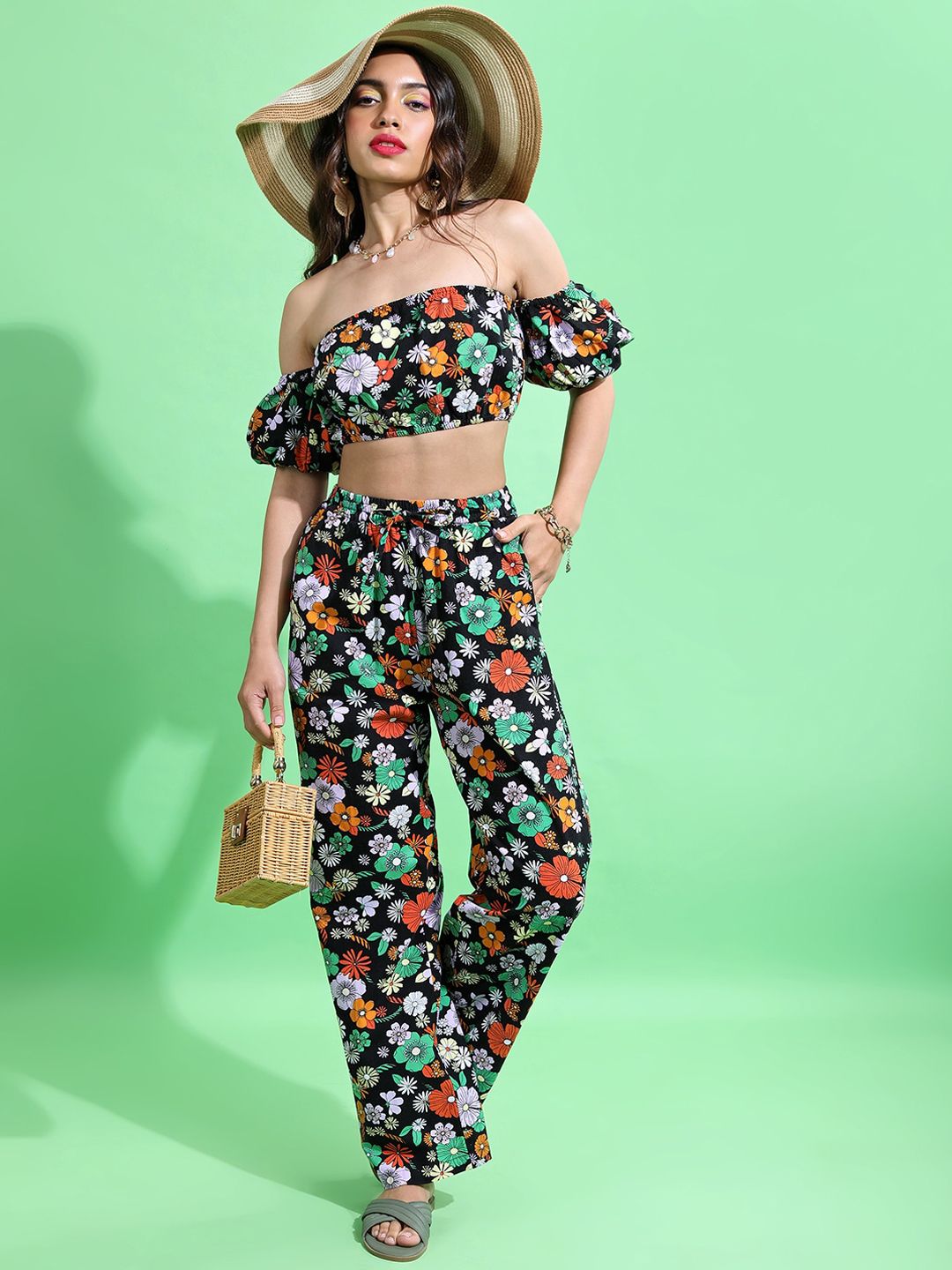Buy Tokyo Talkies Black Floral Printed Cotton Top With Trouser Co Ords -  - Apparel for Women