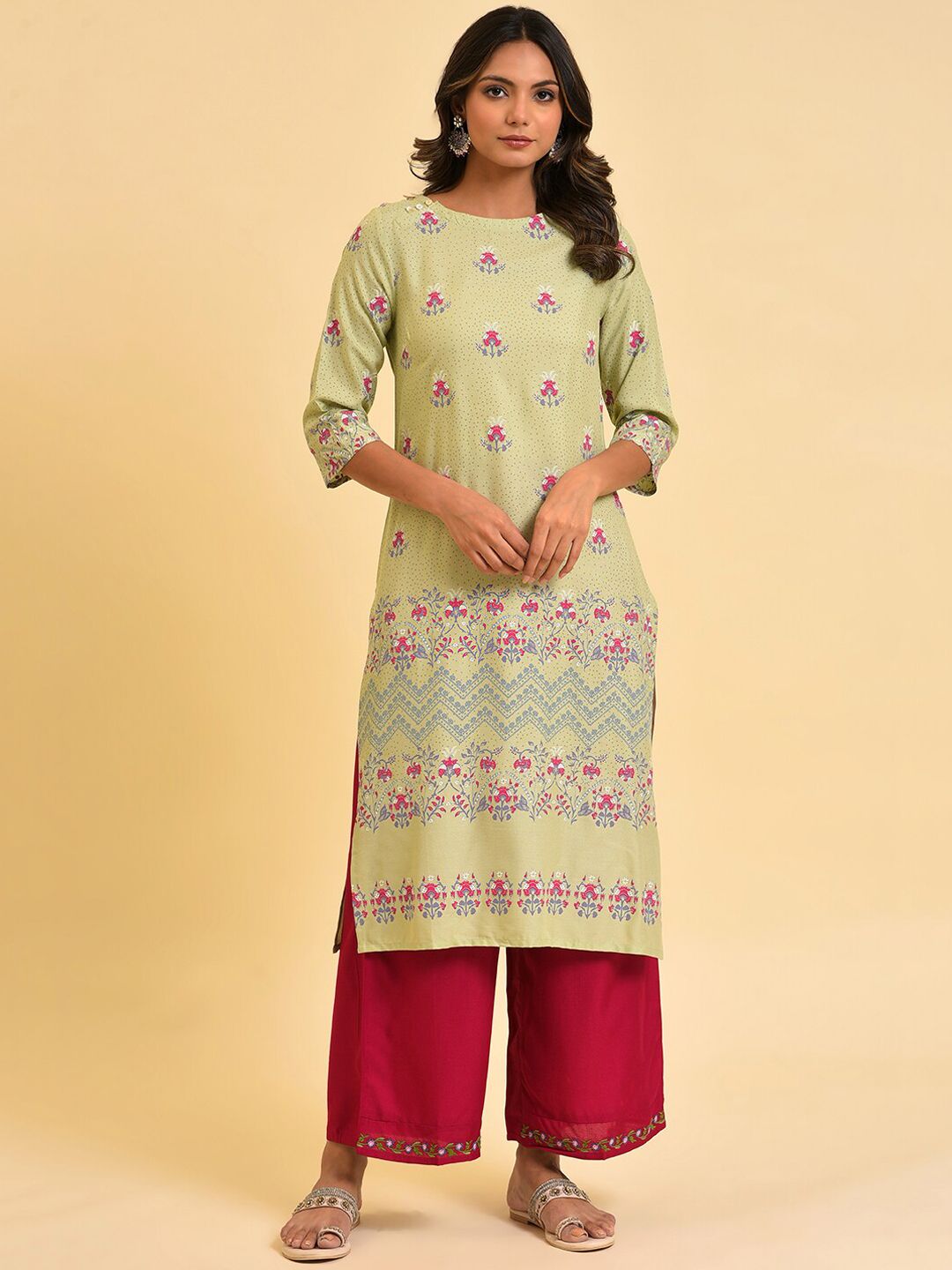 W Green & Pink Floral Printed Straight Kurta
