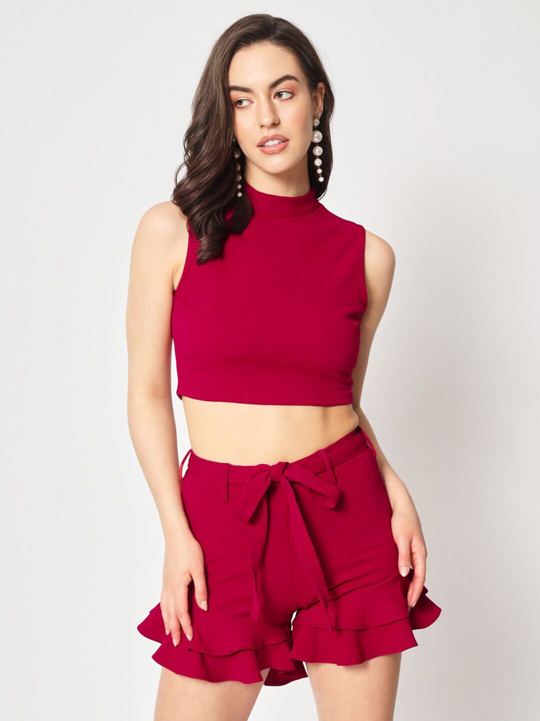 Zastraa Pink High Neck Sleeveless Crop Top