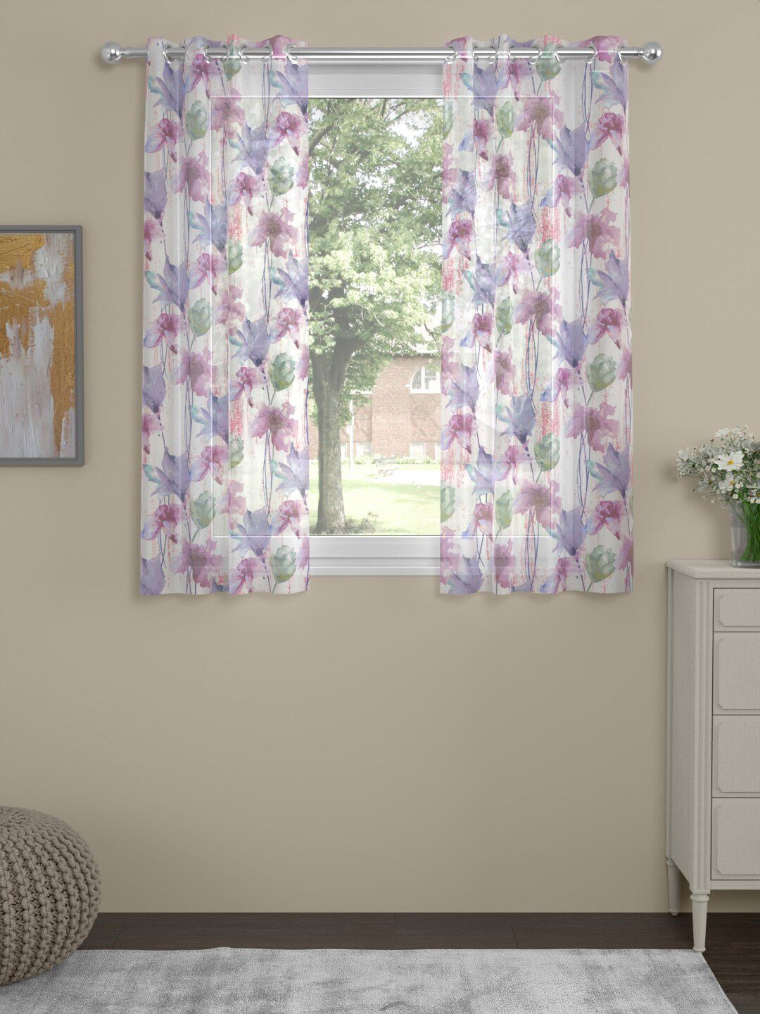 ROSARA HOME Flavia White 2 Pieces Floral Printed Sheer Window Curtains