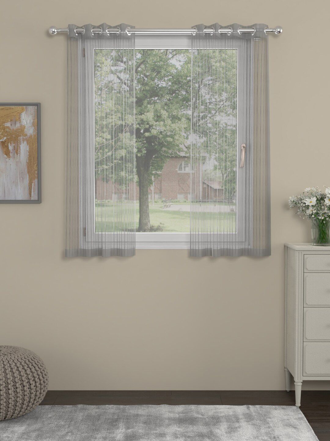 ROSARA HOME Chloe Grey 2 Pieces Striped Sheer Window Curtains