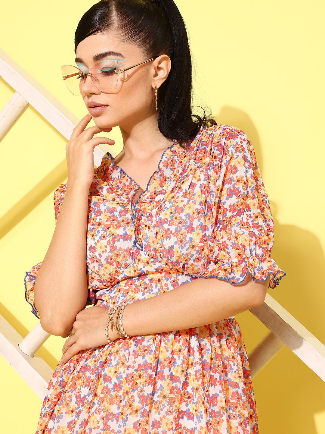 Antheaa Floral Print Puff Sleeve Chiffon Fit & Flare Dress