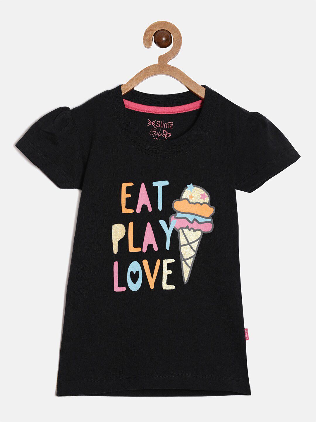DIXCY SCOTT Slimz Girls Typography Printed Puff Sleeves Cotton Top